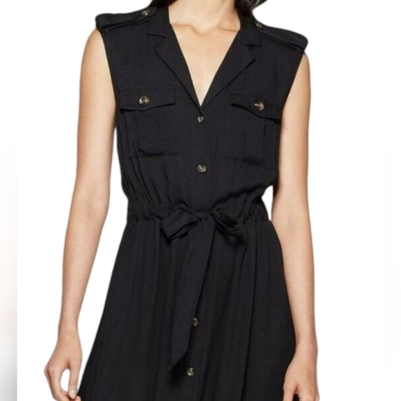 WHO WHAT WEAR Womens Black Button Up Collar Tie Belt Shirt Dress Size XS - Picture 1 of 13